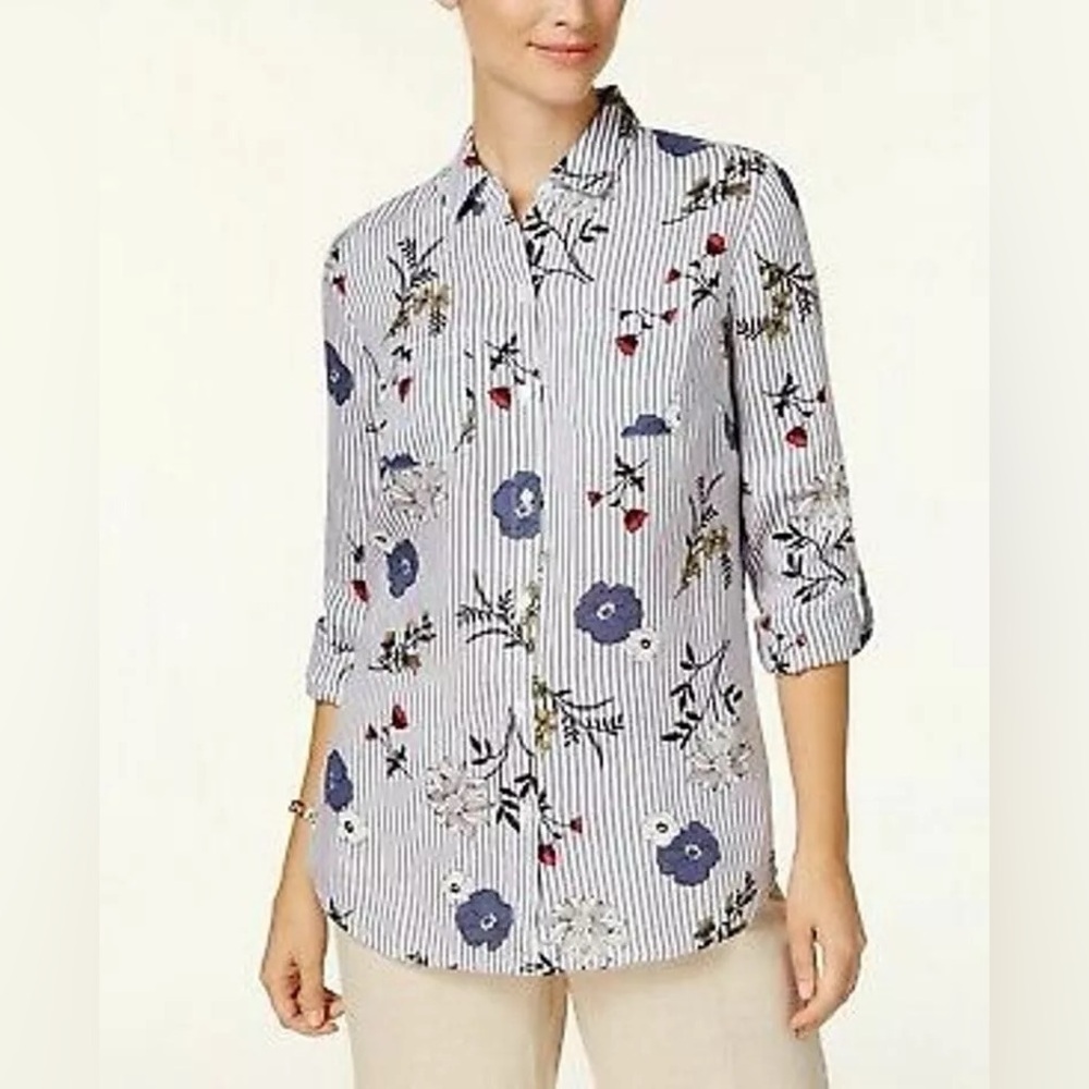 Charter Club 100% Linen Floral Striped Button Down Shirt White Blue, Size S